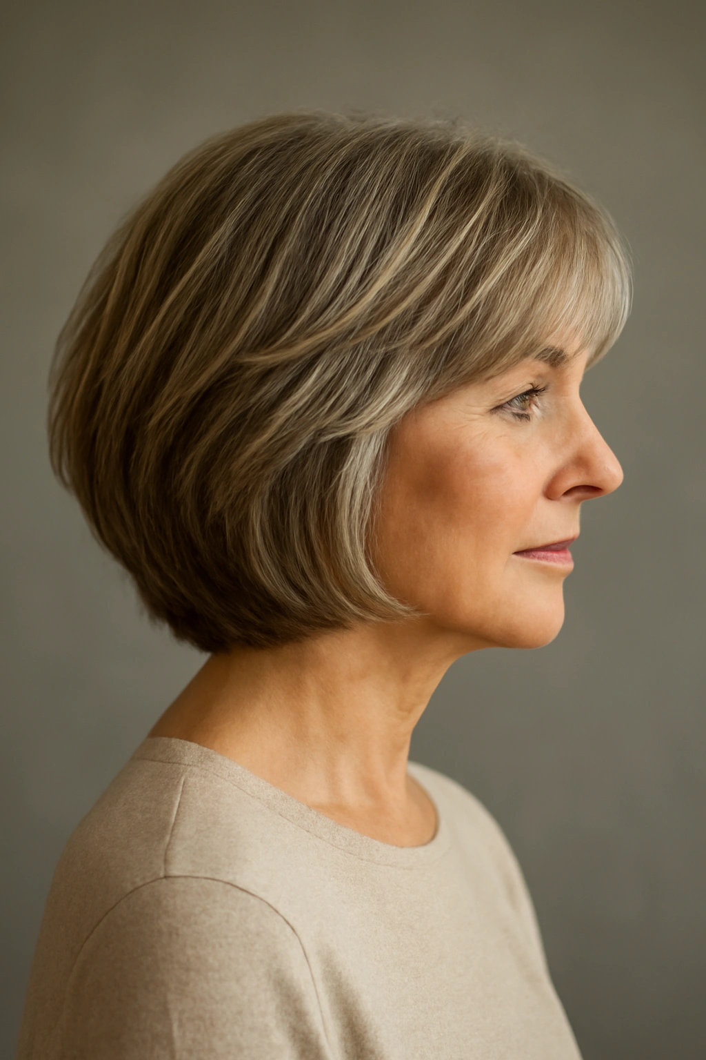 Side profile of layered bob with soft graduated layers