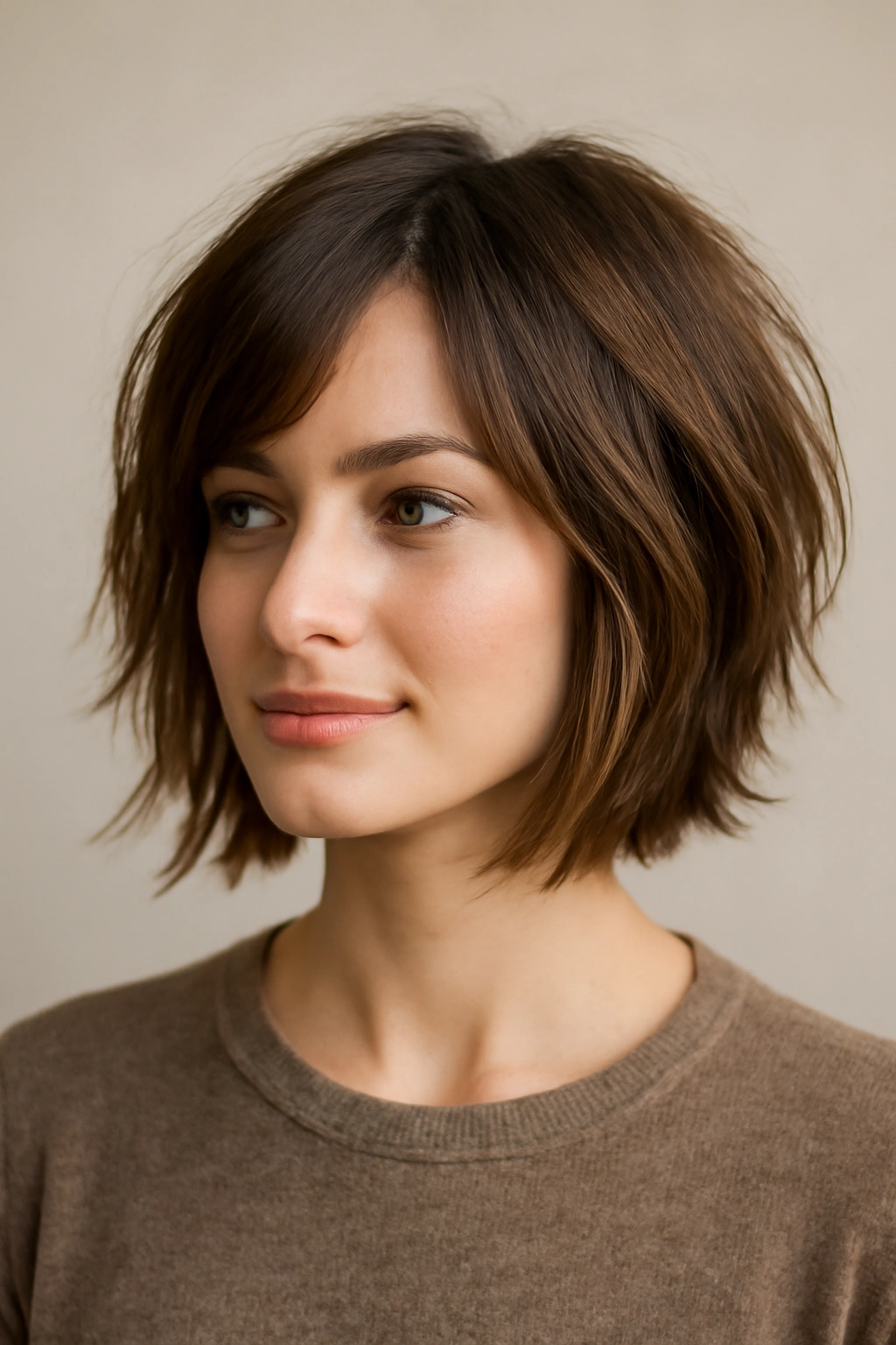 Close-up of a shoulder-length layered bob with textured ends.