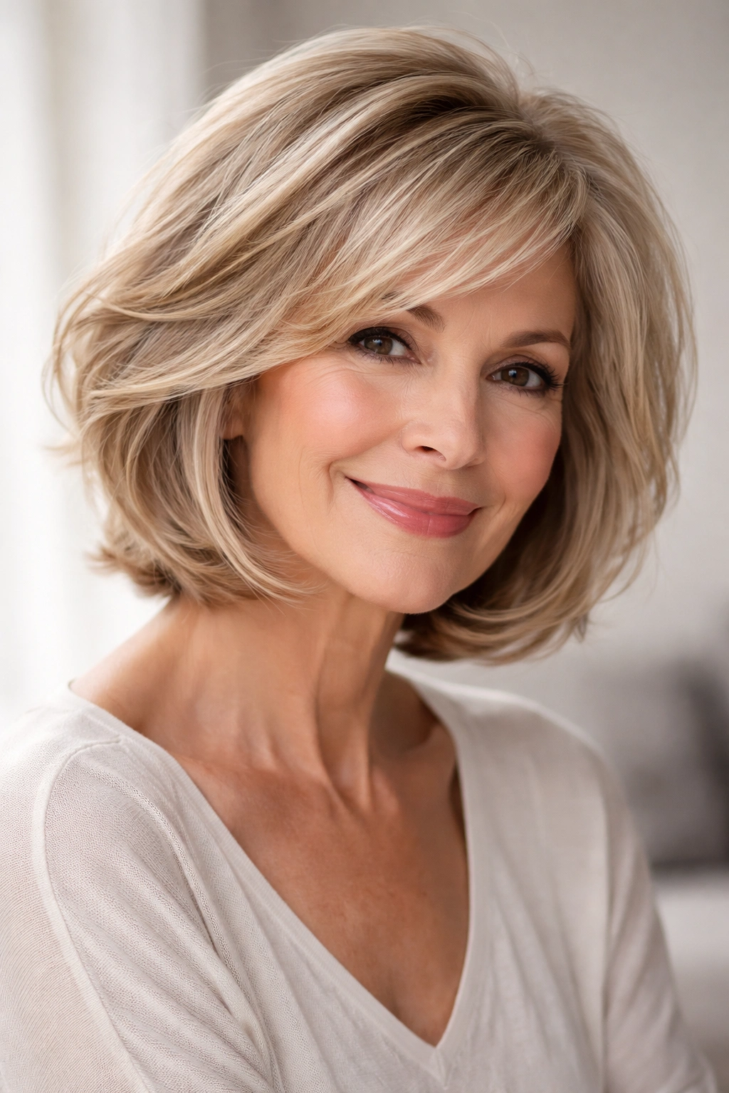 Woman with layered bob showing movement and depth