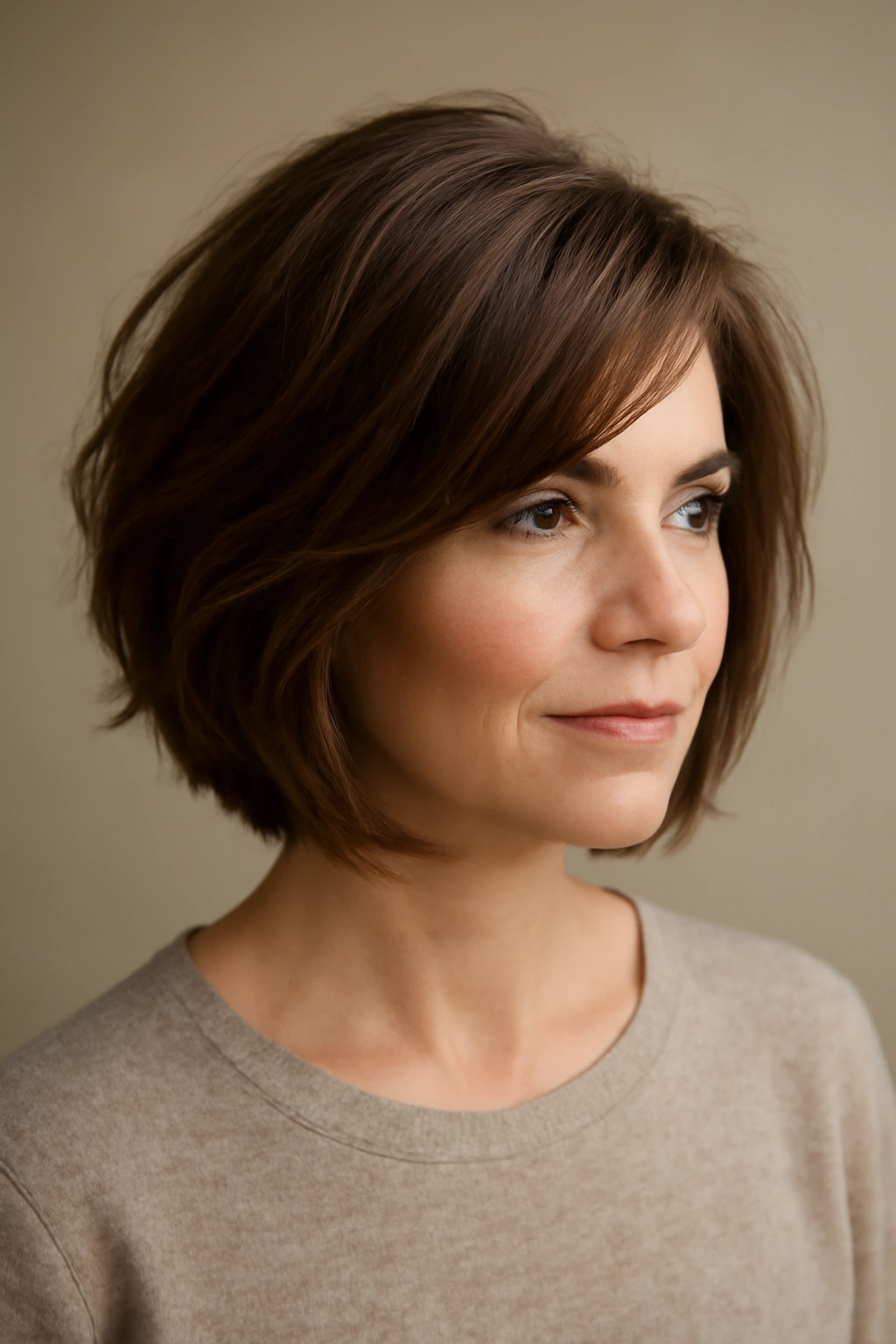 Portrait of a woman with a layered bob showing soft texture and movement.