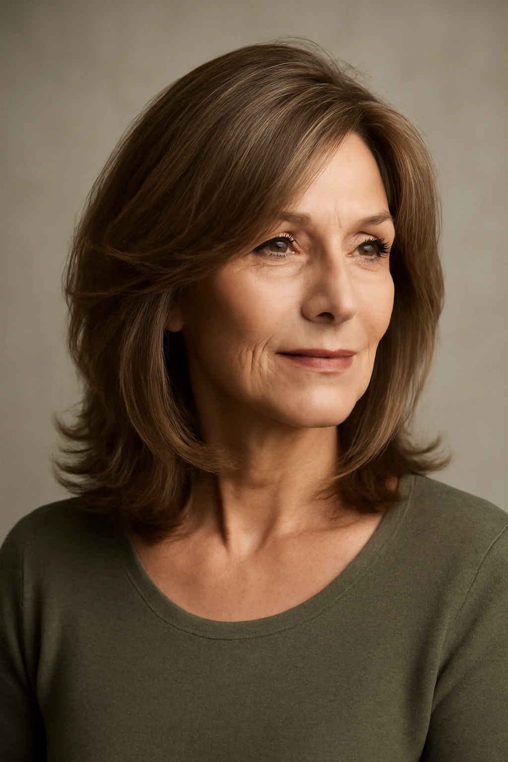 Portrait of a woman with a layered collarbone-length hairstyle showing soft face-framing layers.