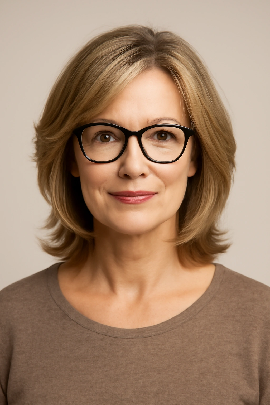 Woman over 50 with glasses sporting a layered collarbone-length haircut