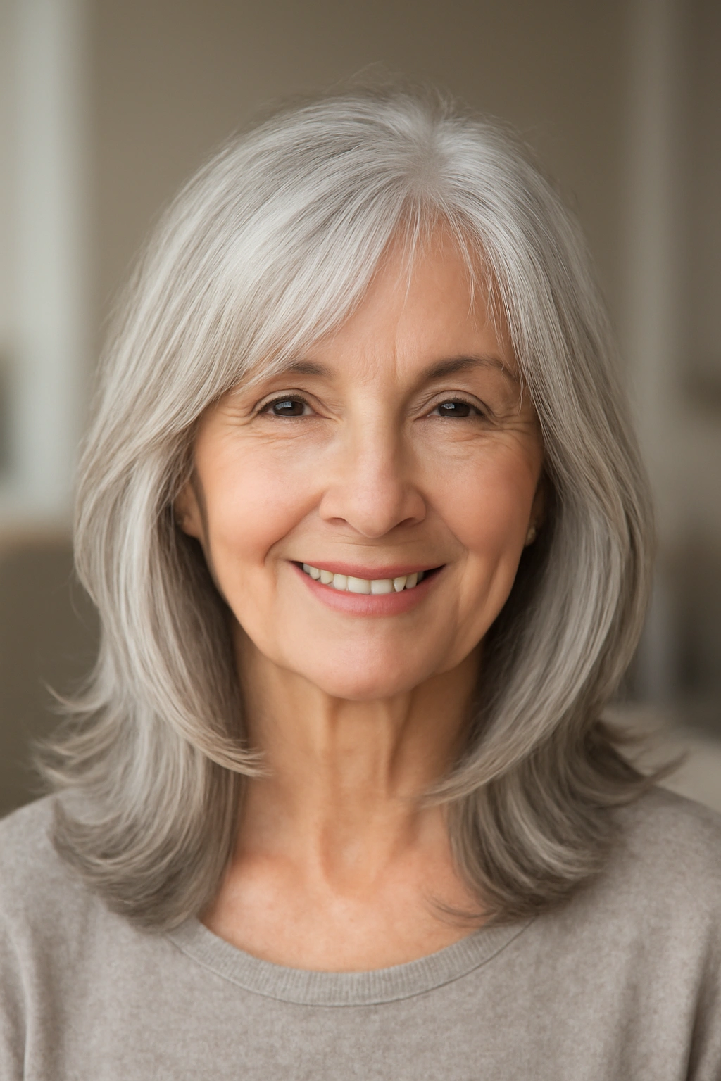 Long layered haircut with soft face-framing pieces for a woman over 70.