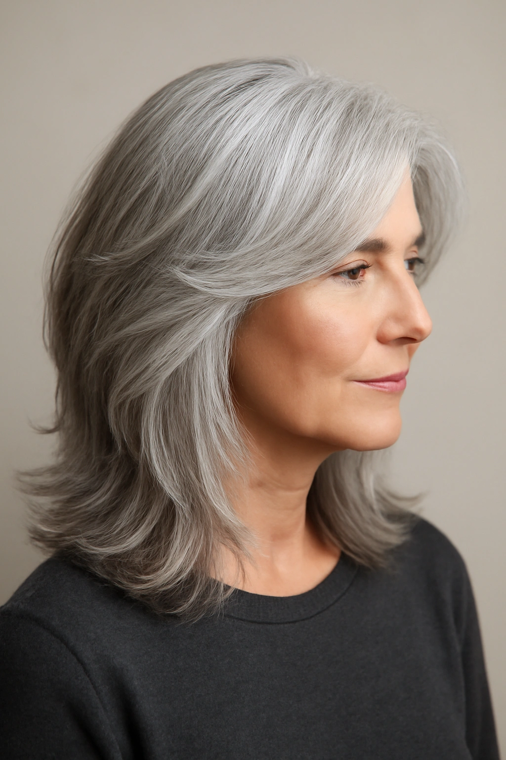 Shoulder-length gray hair with layers for added body and dimension on a mature woman