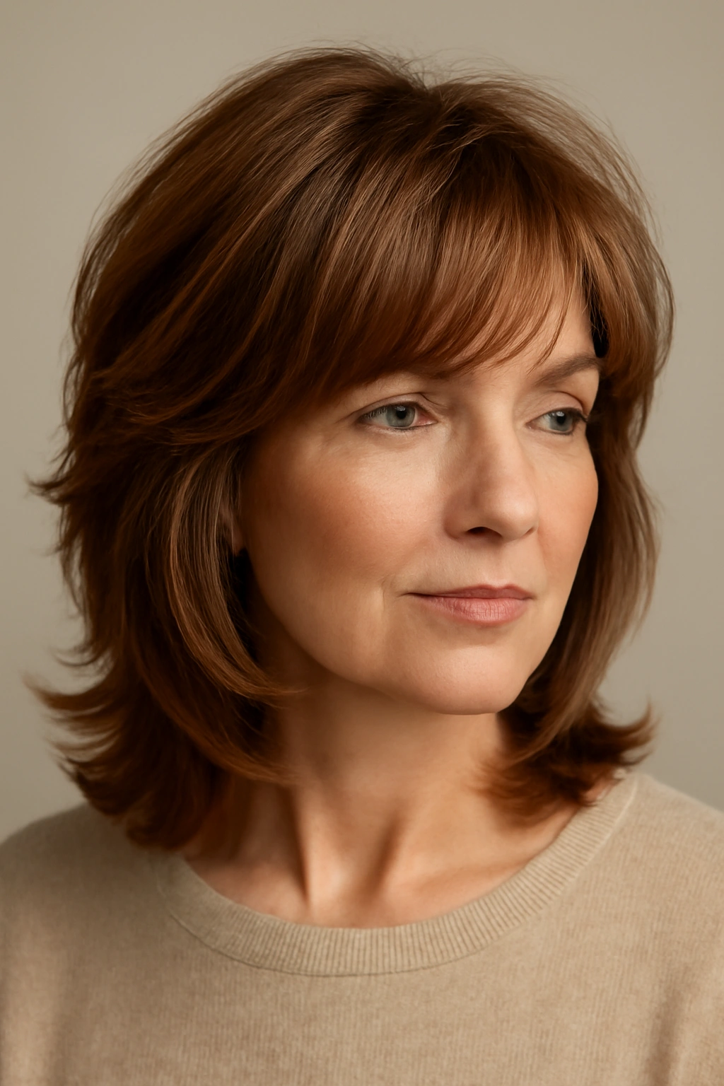 Close-up of layered hair with feathered bangs on a woman, showing soft texture and movement