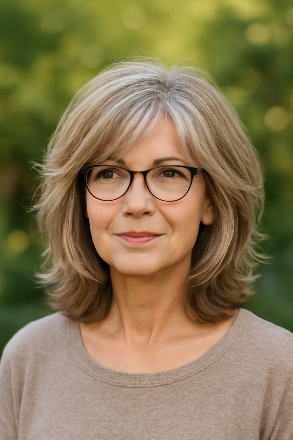 Layered shoulder-length haircut on a woman over 50 wearing stylish glasses.
