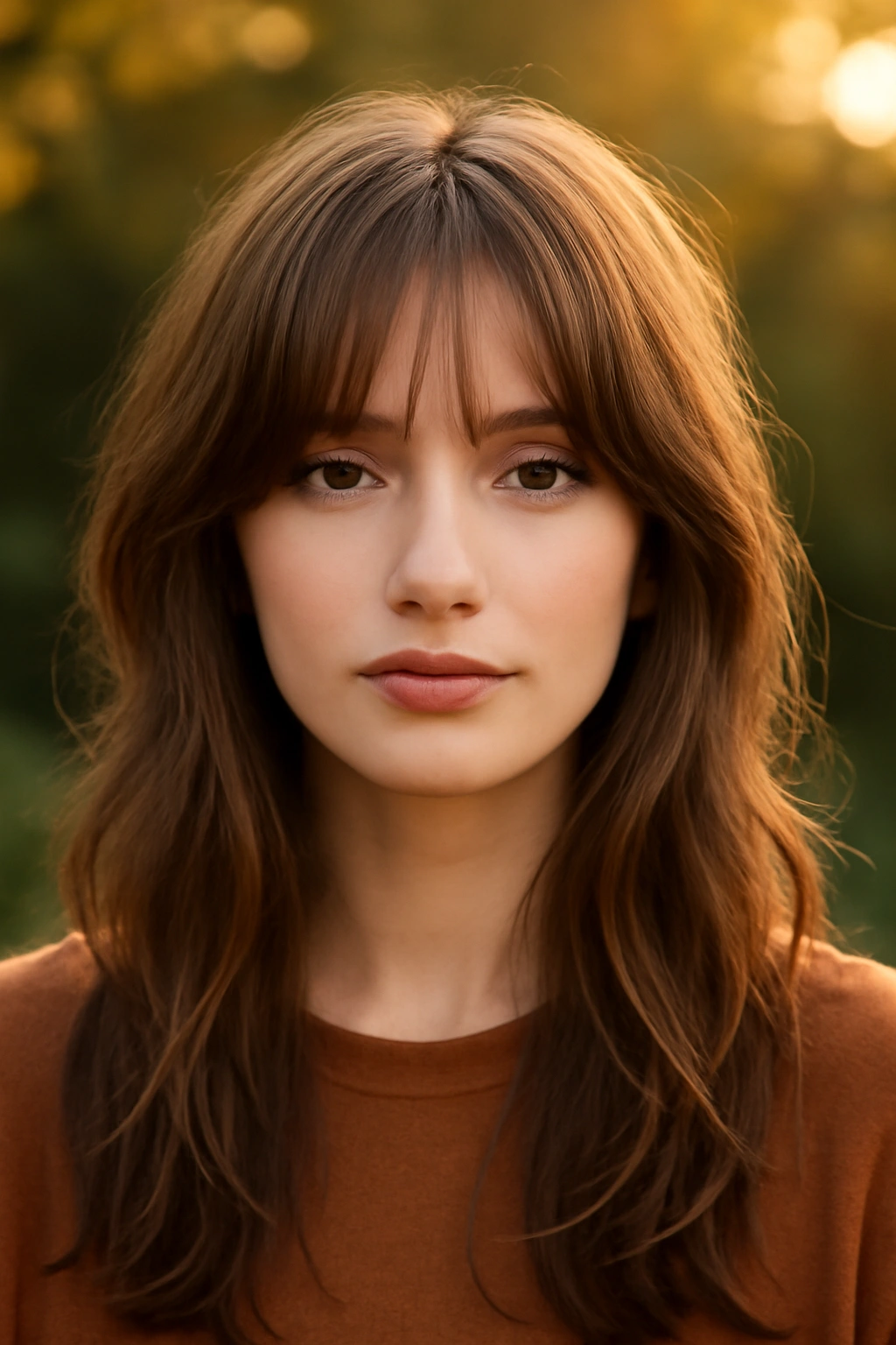 Soft wispy bangs with long layers framing the jawline and eyes