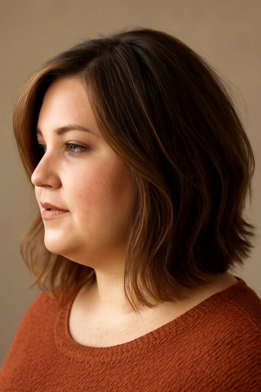 Profile view of a plus-size woman with a long layered lob framing the jaw