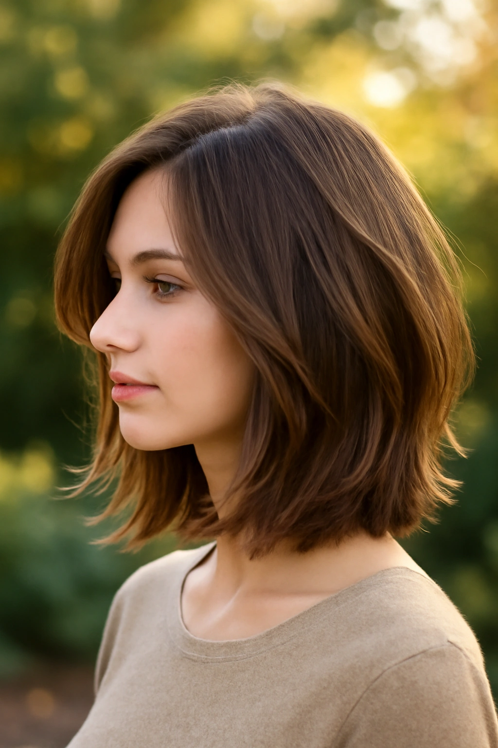 A stylish long bob with soft layers falling between the chin and shoulders.