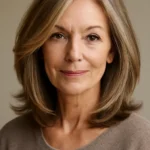 Mature woman with layered long bob hairstyle, face-framing layers and collarbone-length hair in soft lighting