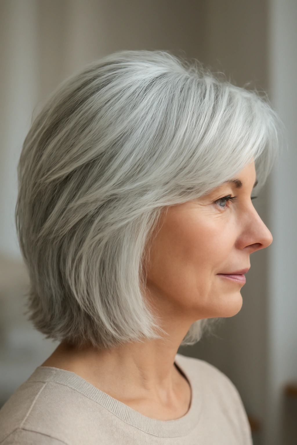 Voluminous silver layered lob hairstyle for women over 50