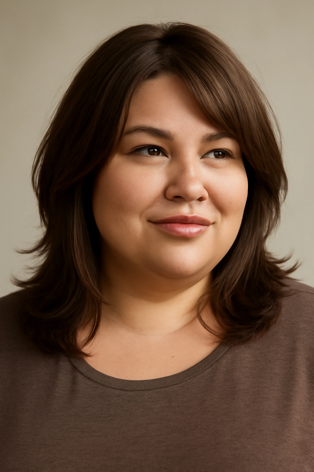 Layered mid-length hair with face-framing pieces around the cheeks on a plus-size woman