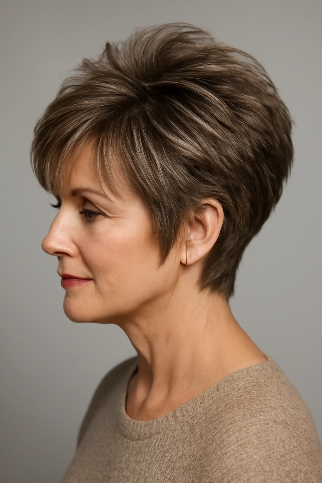 Layered pixie haircut with crown volume on a round-faced woman