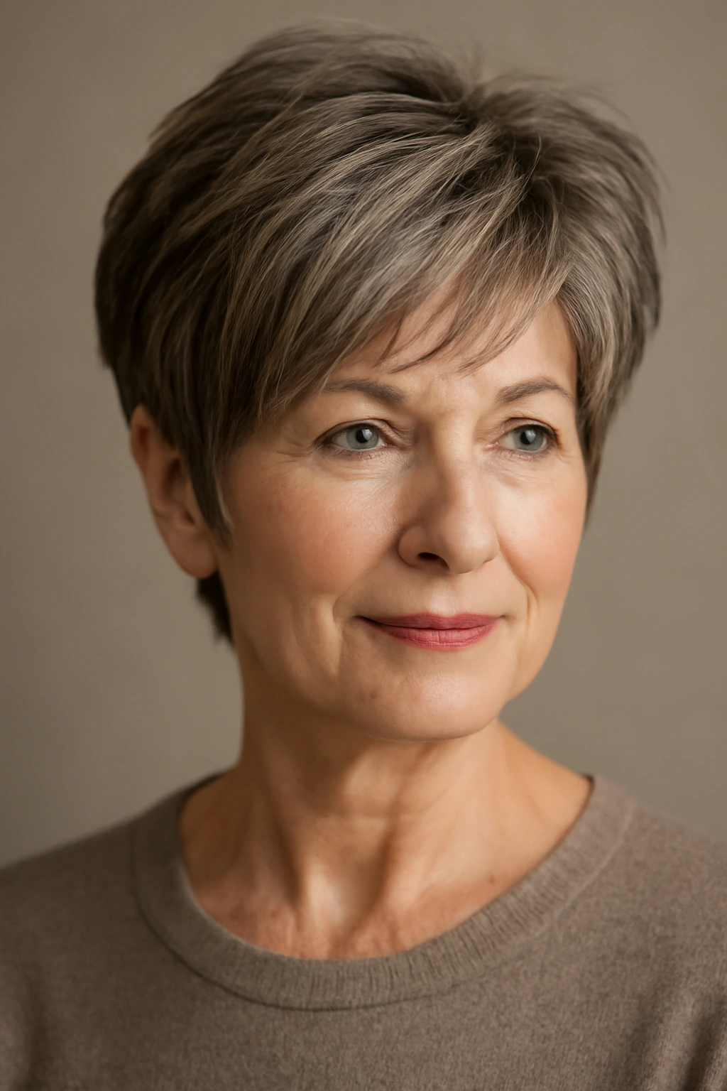 Portrait of a layered pixie cut with multiple lengths for depth and movement.