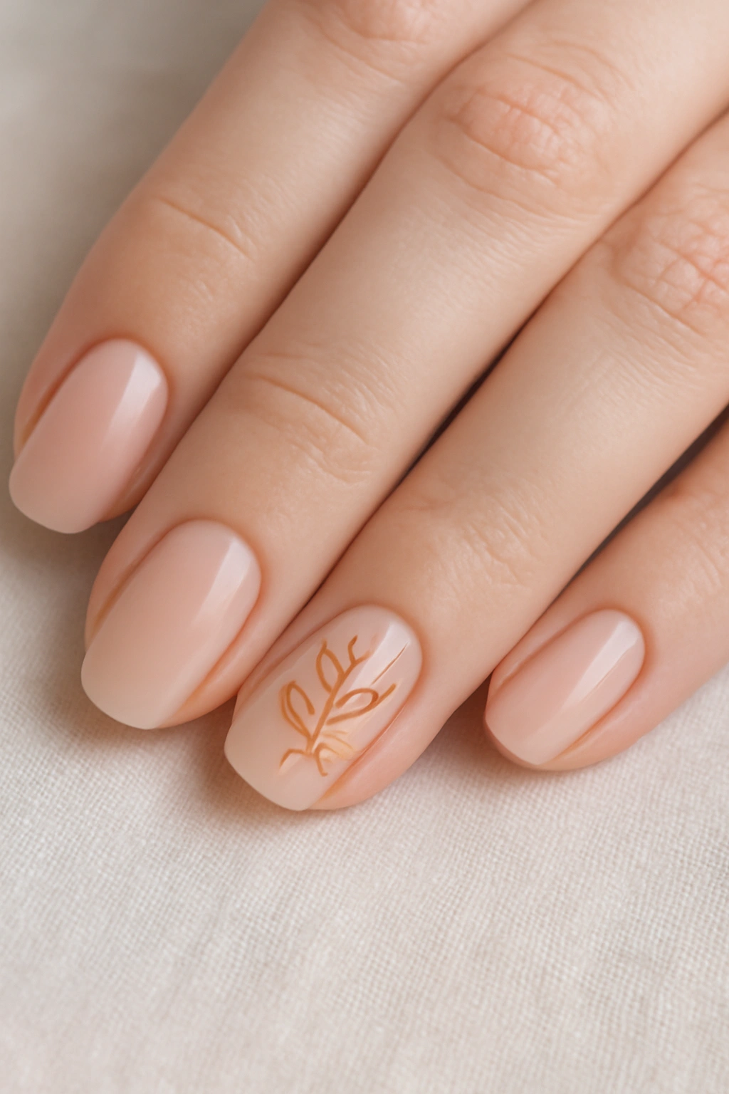 Subtle leaf accent nail art on a nude base for a minimalist fall look