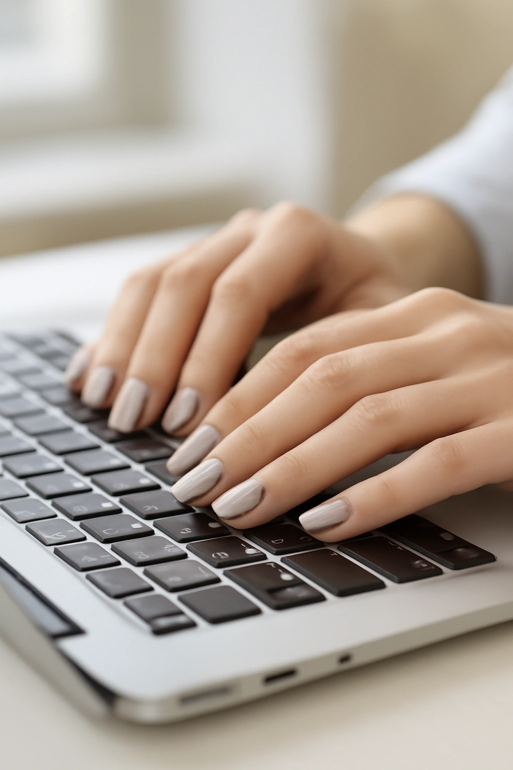 Manicured hands with pale light grey nail polish typing on a laptop keyboard.