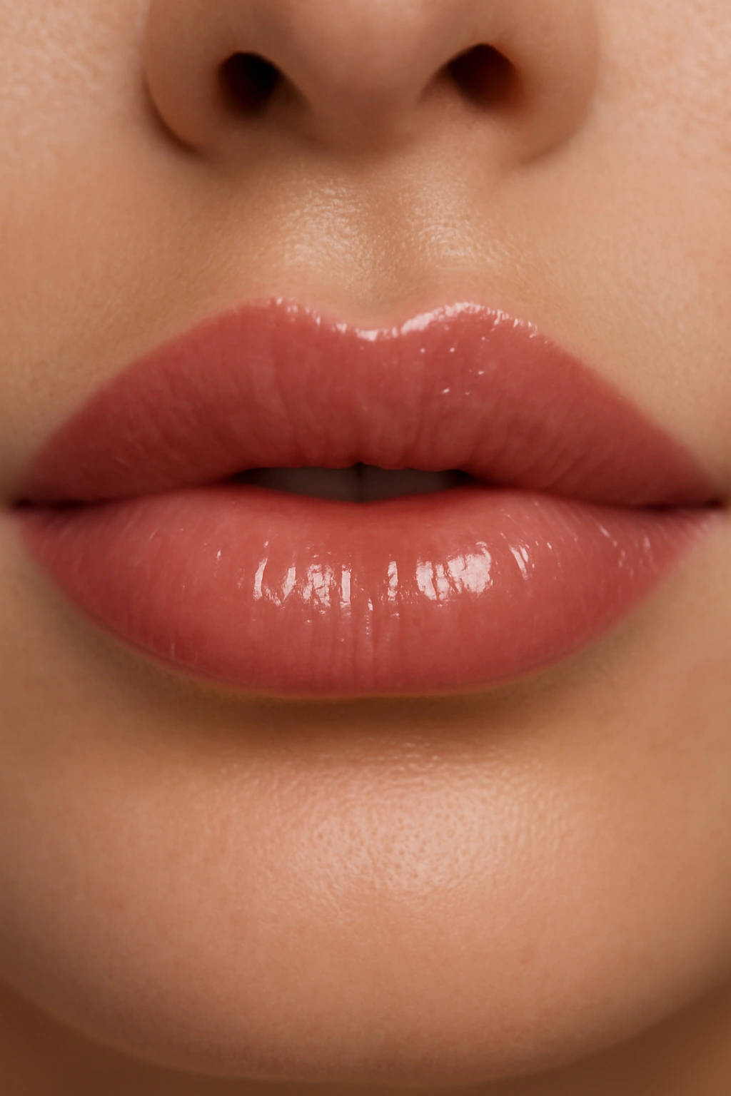 Close-up of lips with defined natural-color liner and glossy finish