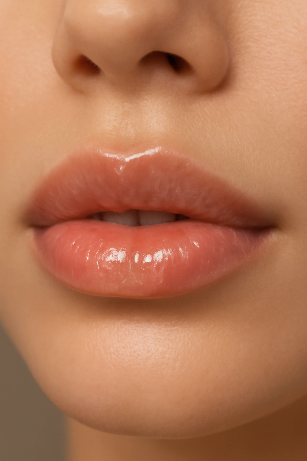 Close-up of lips with sheer lip oil gloss and hydration
