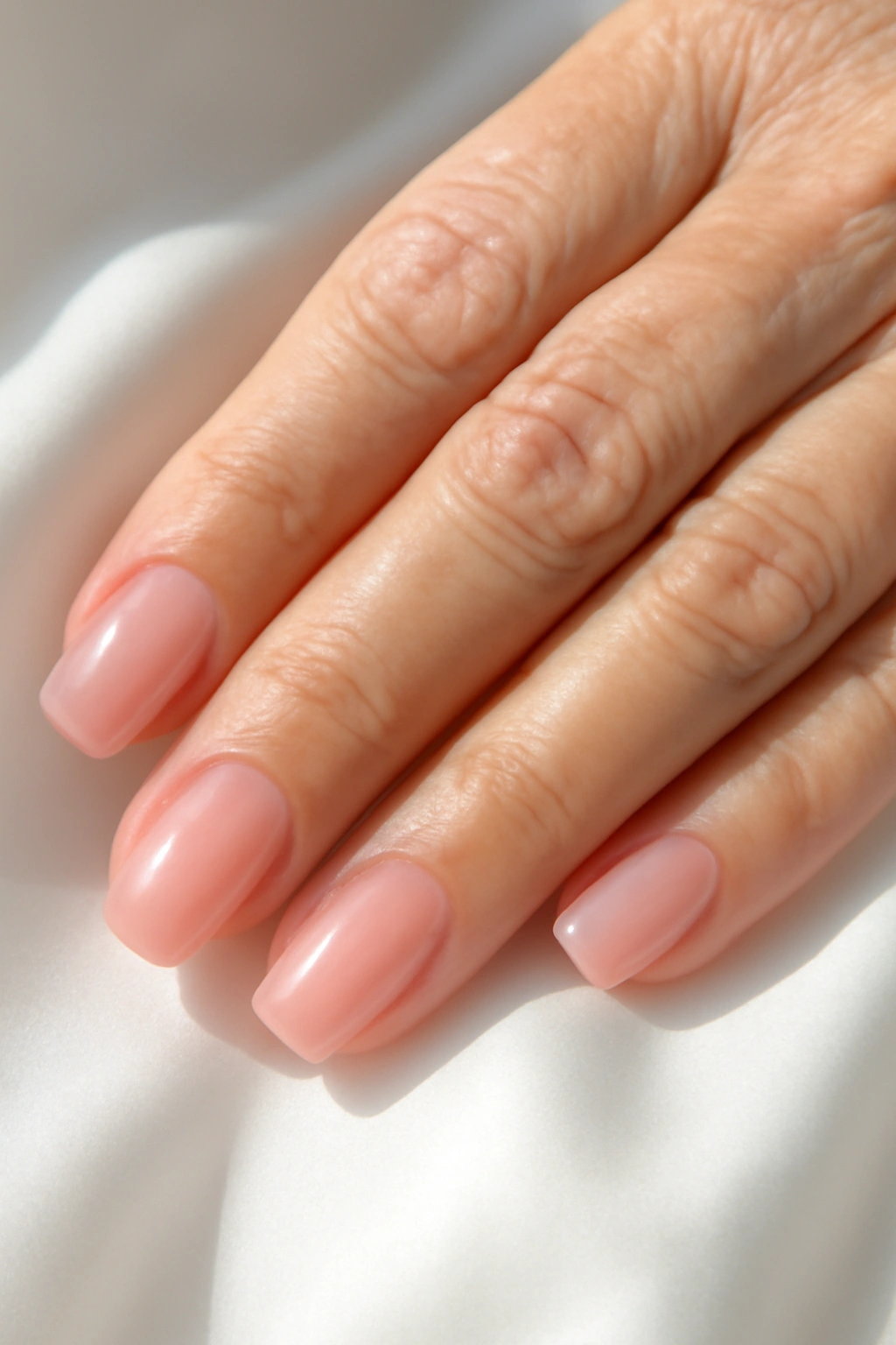 High shine lipgloss nails with a sheer finish on a mature woman's hand