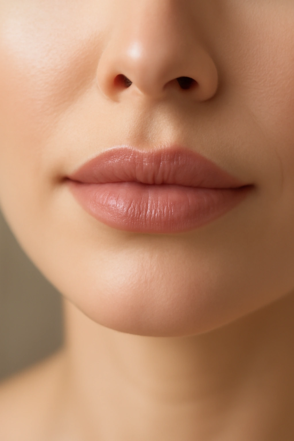 Close-up of soft rosy nude lipstick on a woman's lips for a wedding look.