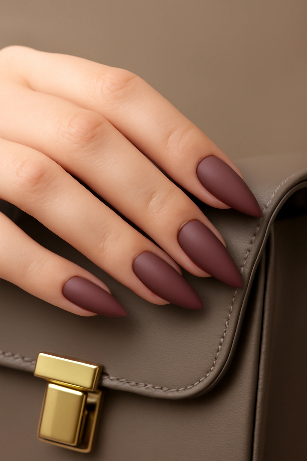Unique lipstick shaped nails with asymmetrical angled tips on small hands in a mauve matte finish.
