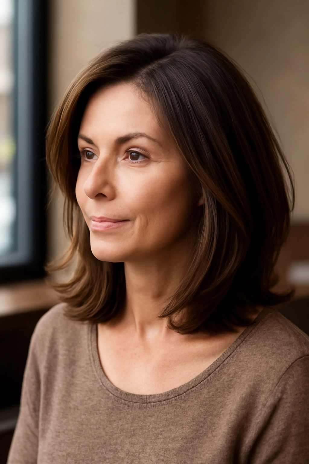 Sophisticated woman wearing a collarbone-length lob with soft, flowing layers