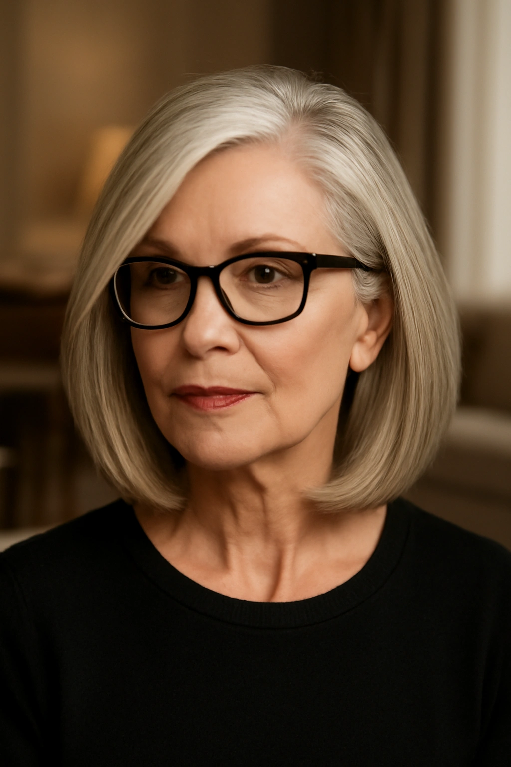 Woman over 50 wearing glasses with a long bob and deep side part.