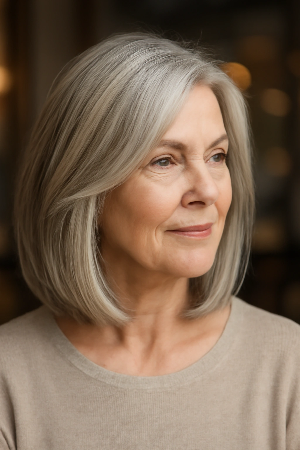 Modern long bob with subtle layers on an older woman with ash-blonde and grey hair.