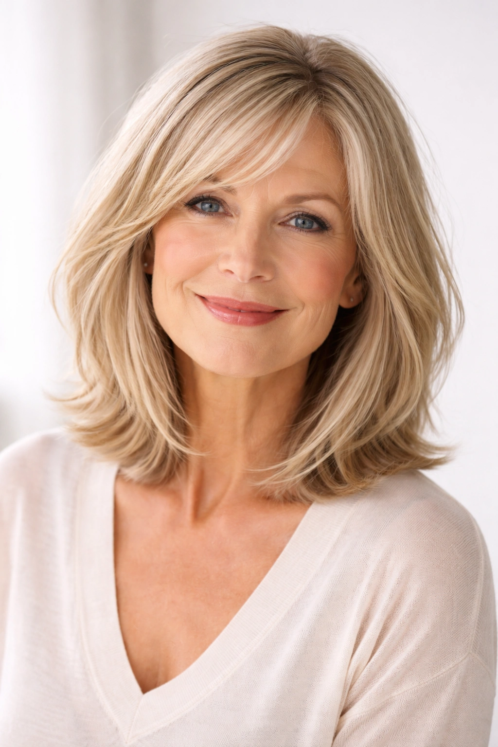 Long bob hairstyle with length between chin and shoulders and light layers