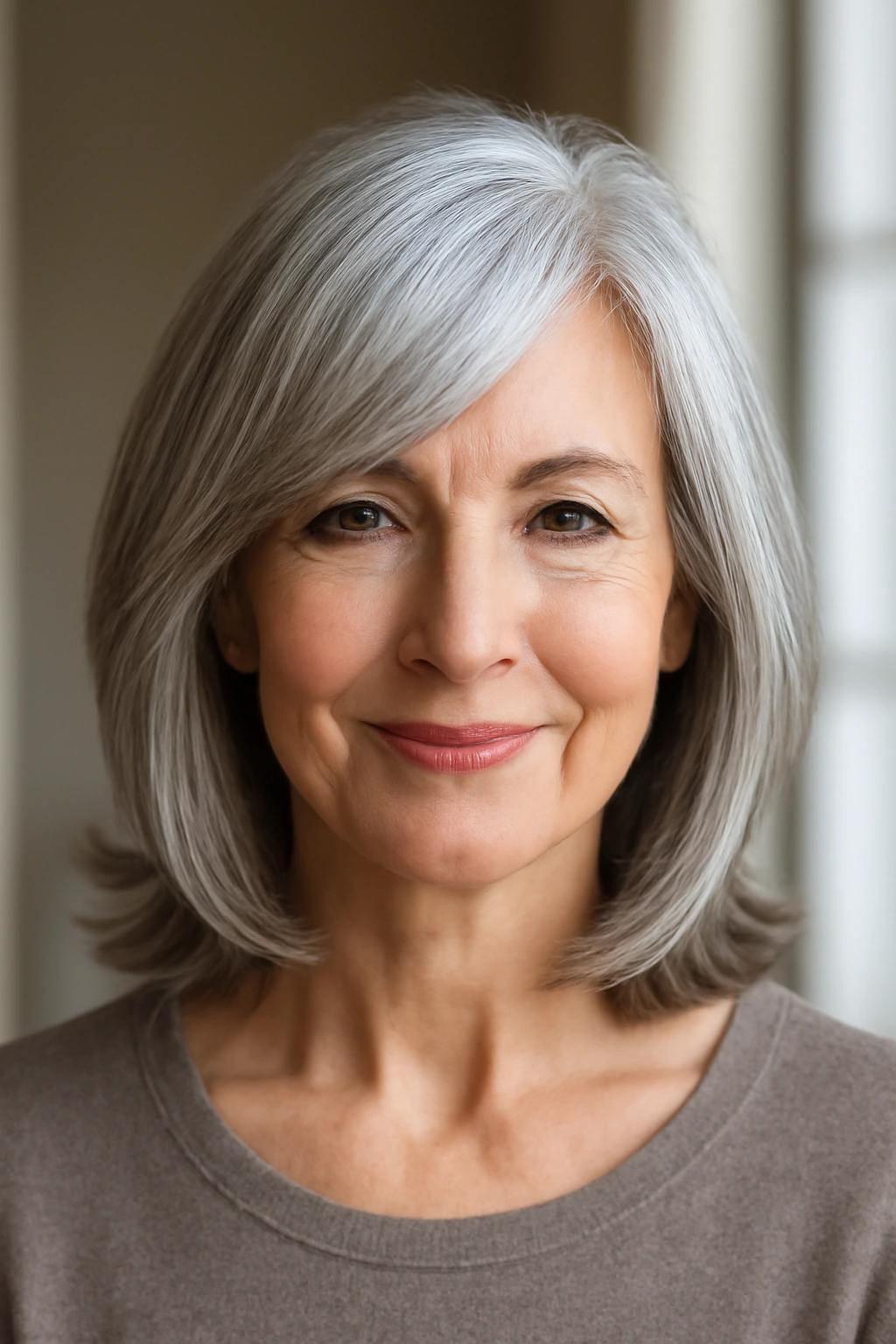 Woman over 50 wearing a silver long bob with soft side-swept bangs