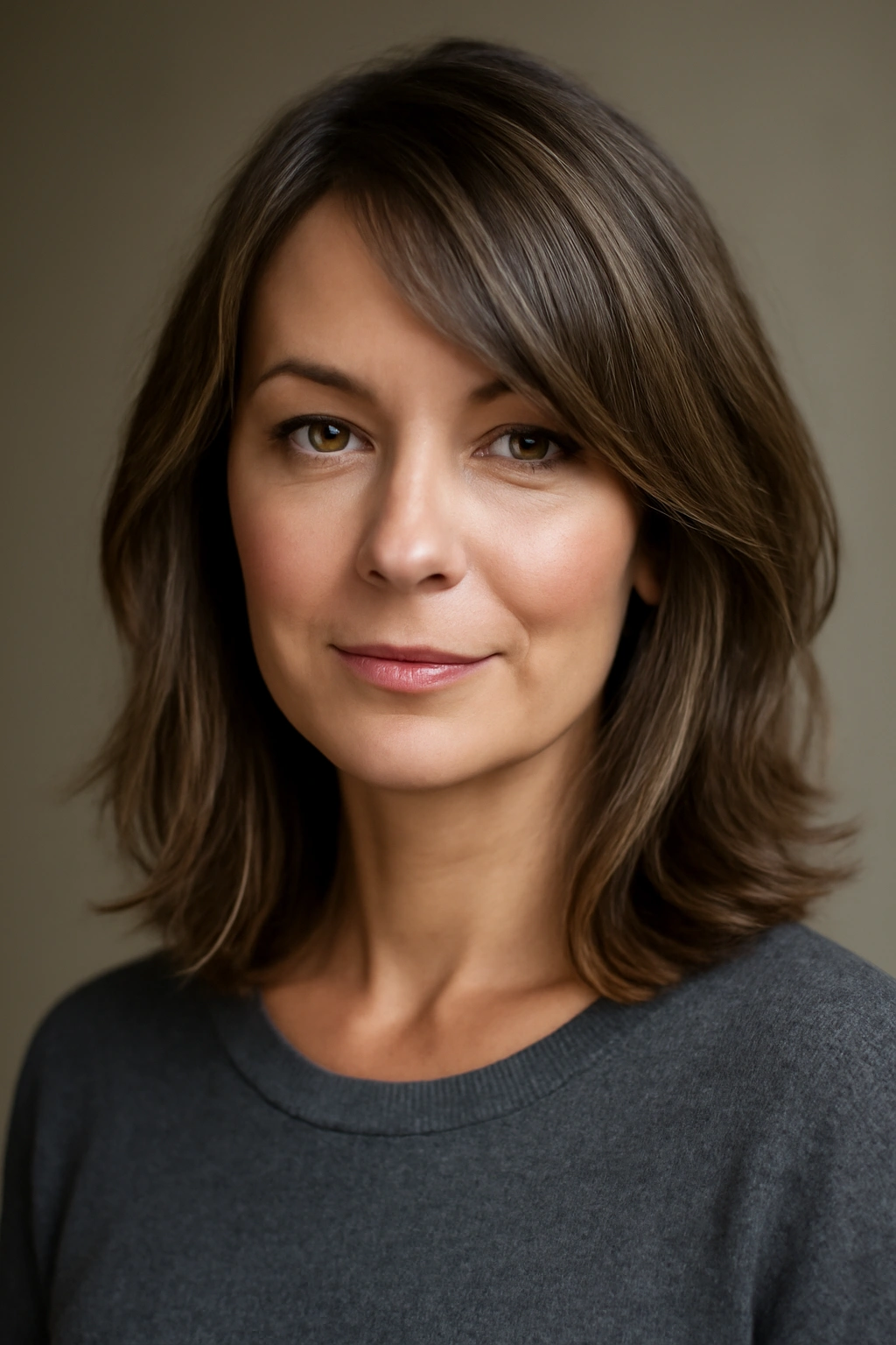 Portrait of a woman with a long bob and side-swept bangs