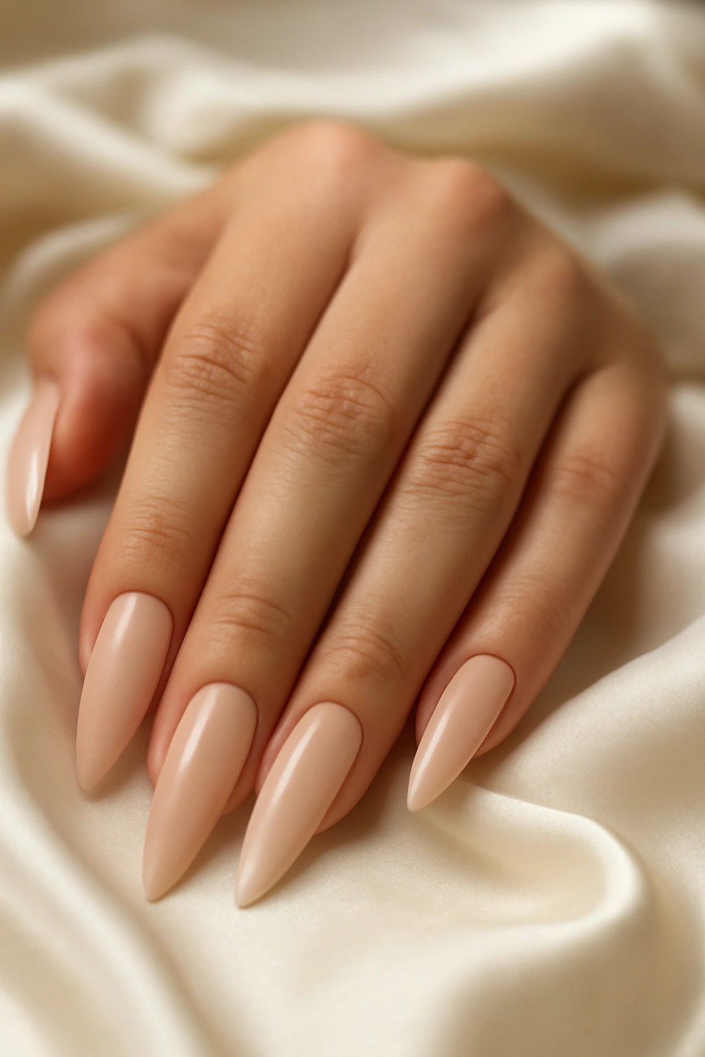 Long almond nails with nude polish on fuller fingers to create a slimming and elongated hand appearance.