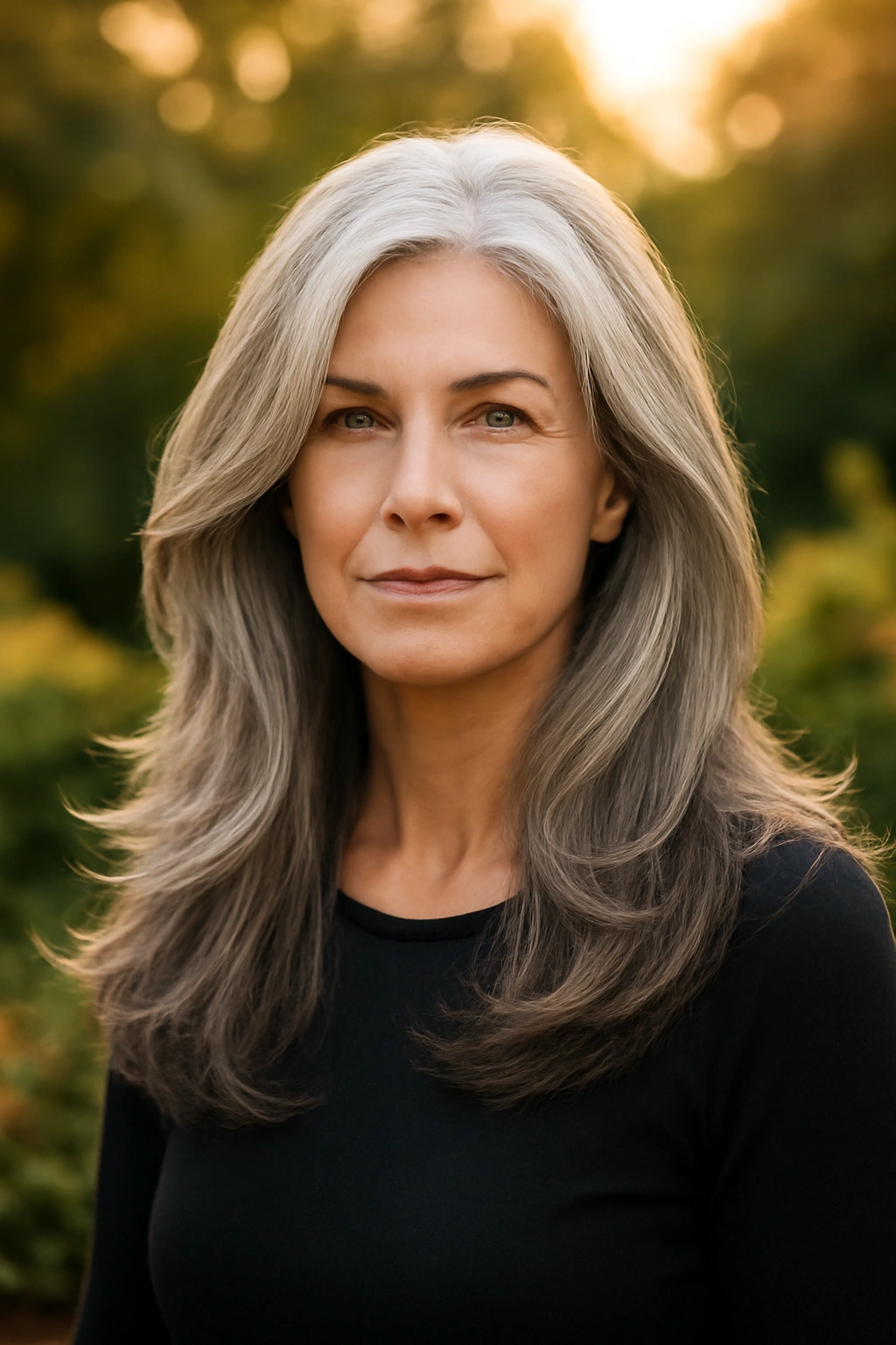 Woman over 50 with long layered salt and pepper hair and face-framing strands