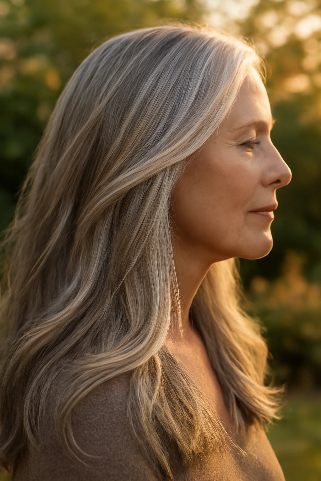 Woman over 70 with long silver hair featuring subtle warm blonde highlights for dimension.