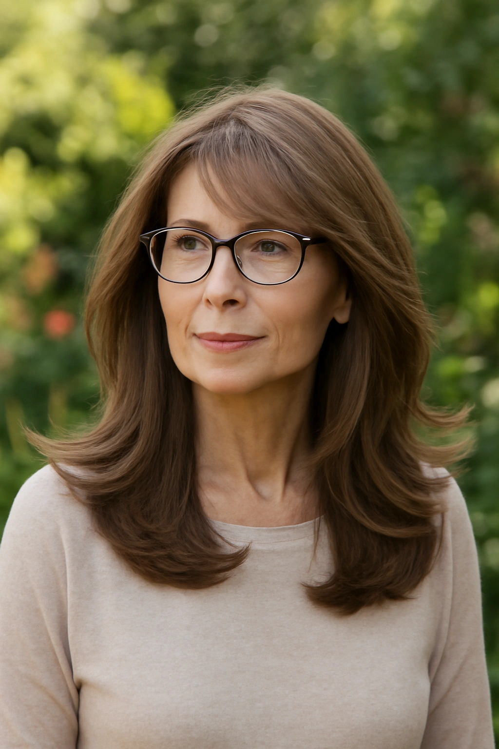 Long layered hair with face-framing strands on a woman over 50 with glasses