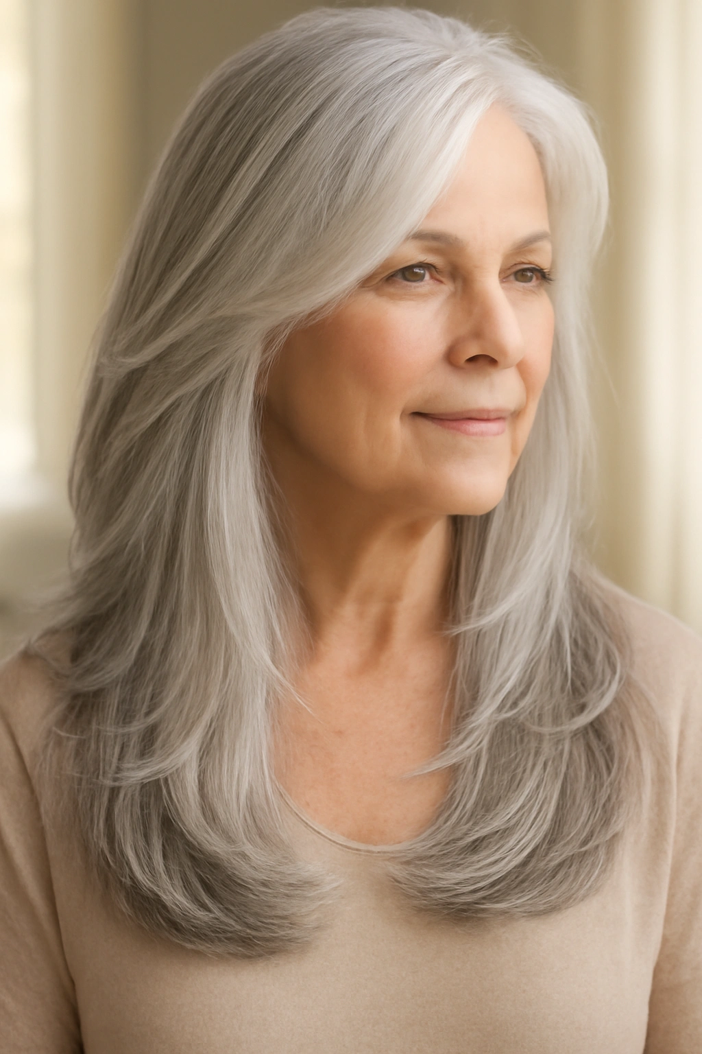 Elegant woman over 70 with a long silver layered haircut and face-framing layers.