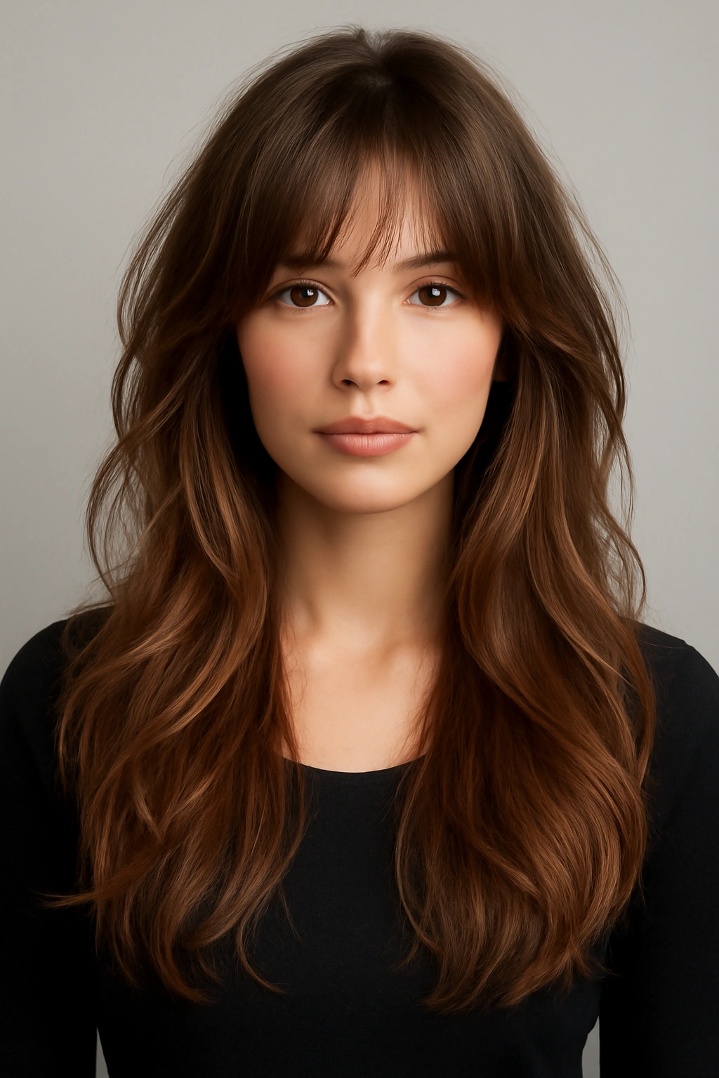 Long layered hair paired with soft wispy bangs for an elegant and timeless look