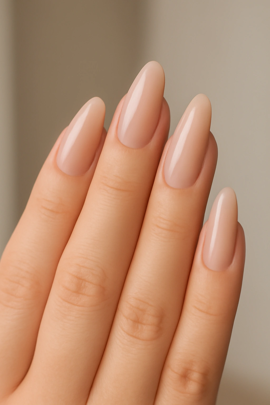Close up of long oval nails with nude polish on a hand with fuller fingers.
