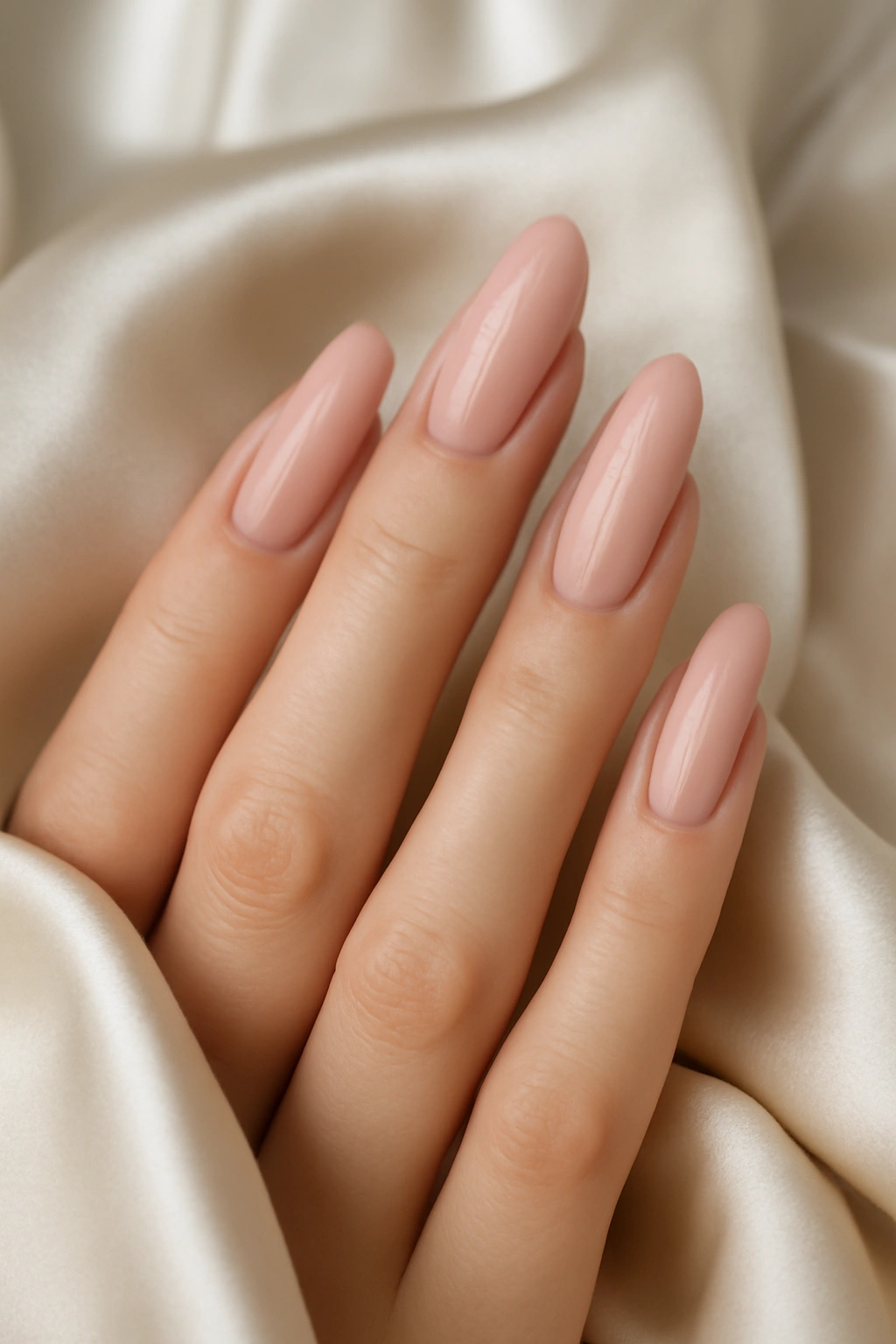 Petite hands with long oval shaped nails in glossy pink showing an elongating effect.