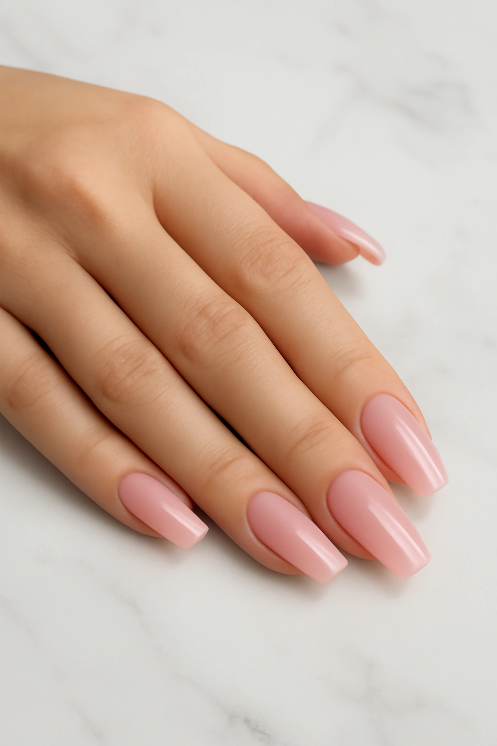 Long squoval nail shape on a small hand with soft pink polish