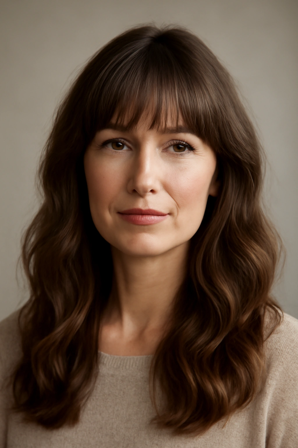 Woman with long waves and brow-grazing bangs, face-framing hairstyle