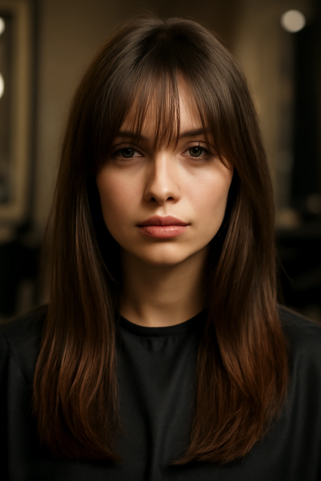Woman with long wispy bangs that reach just below the eyebrows for a versatile look.