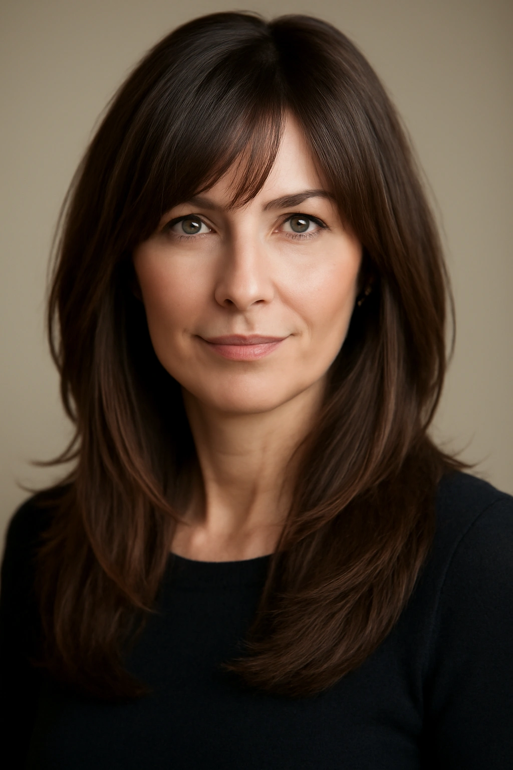 Portrait of a woman over 40 with long layers and face-framing bangs