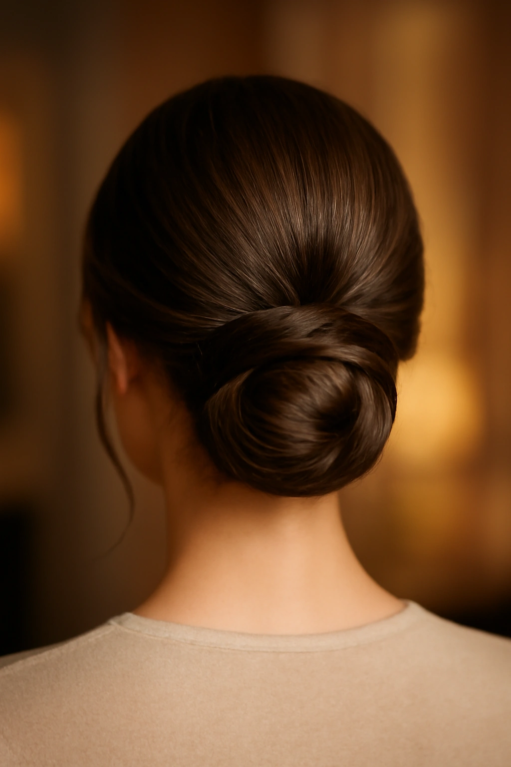 Close up of an elegant low chignon bun at the nape of the neck
