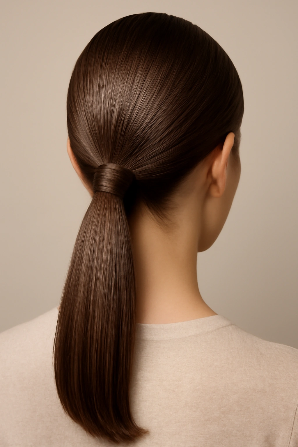 Polished low ponytail with hair wrapped around the elastic band at the nape