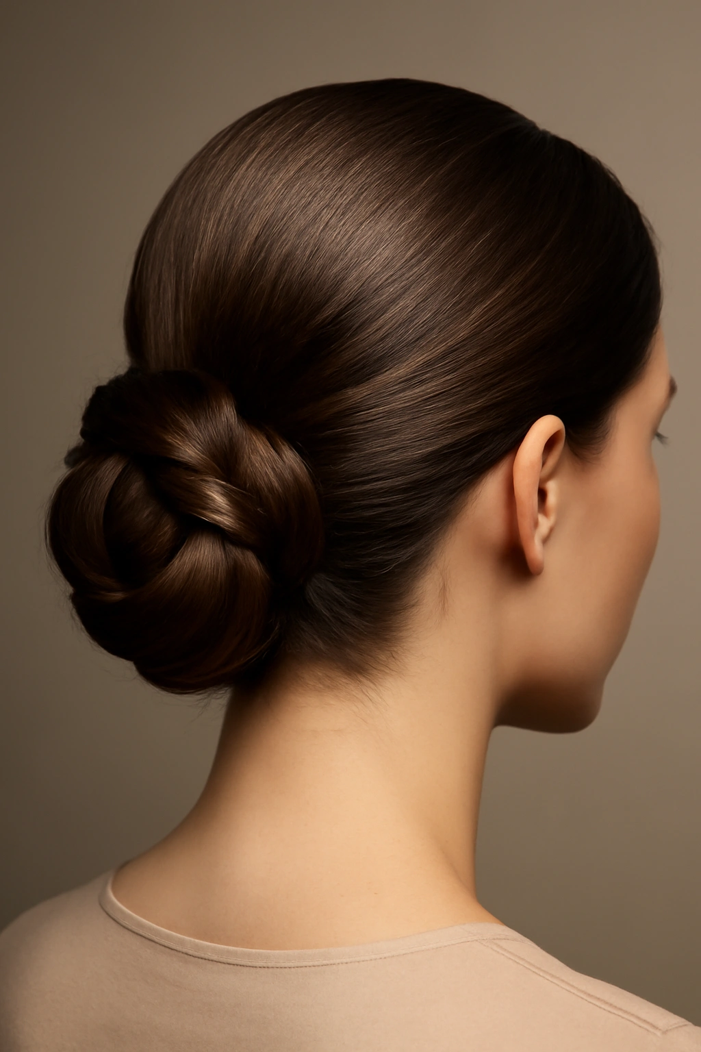 Close-up of a tightly twisted low bun hairstyle at the nape of the neck on a woman with dark hair.