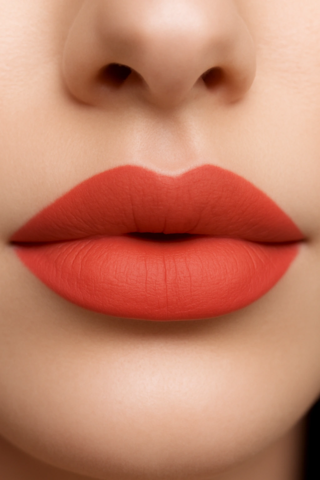 Vibrant matte coral lipstick on a bride for a chic and velvety bridal makeup style.
