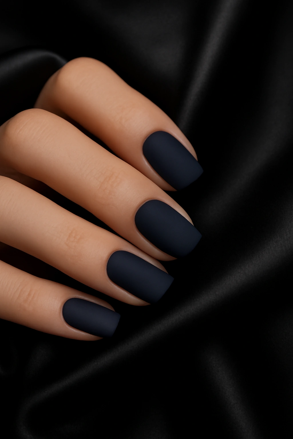 Sophisticated matte finish solid color nails in deep navy blue with a velvety non-reflective texture.