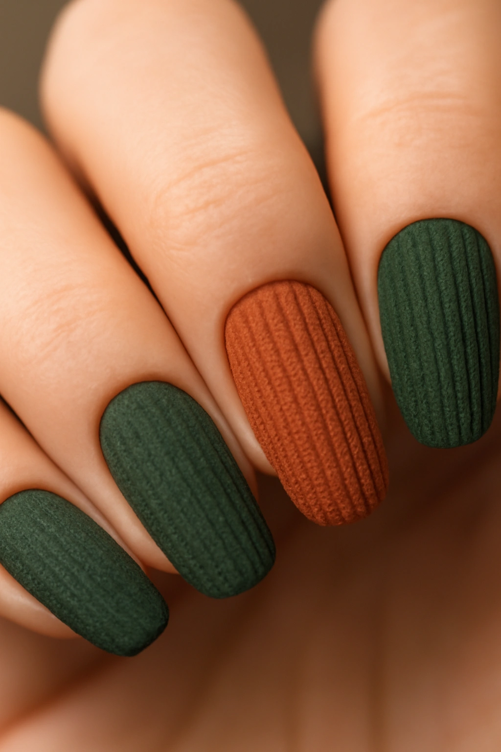 Textured matte finish nails in fall colors with a velvety corduroy pattern