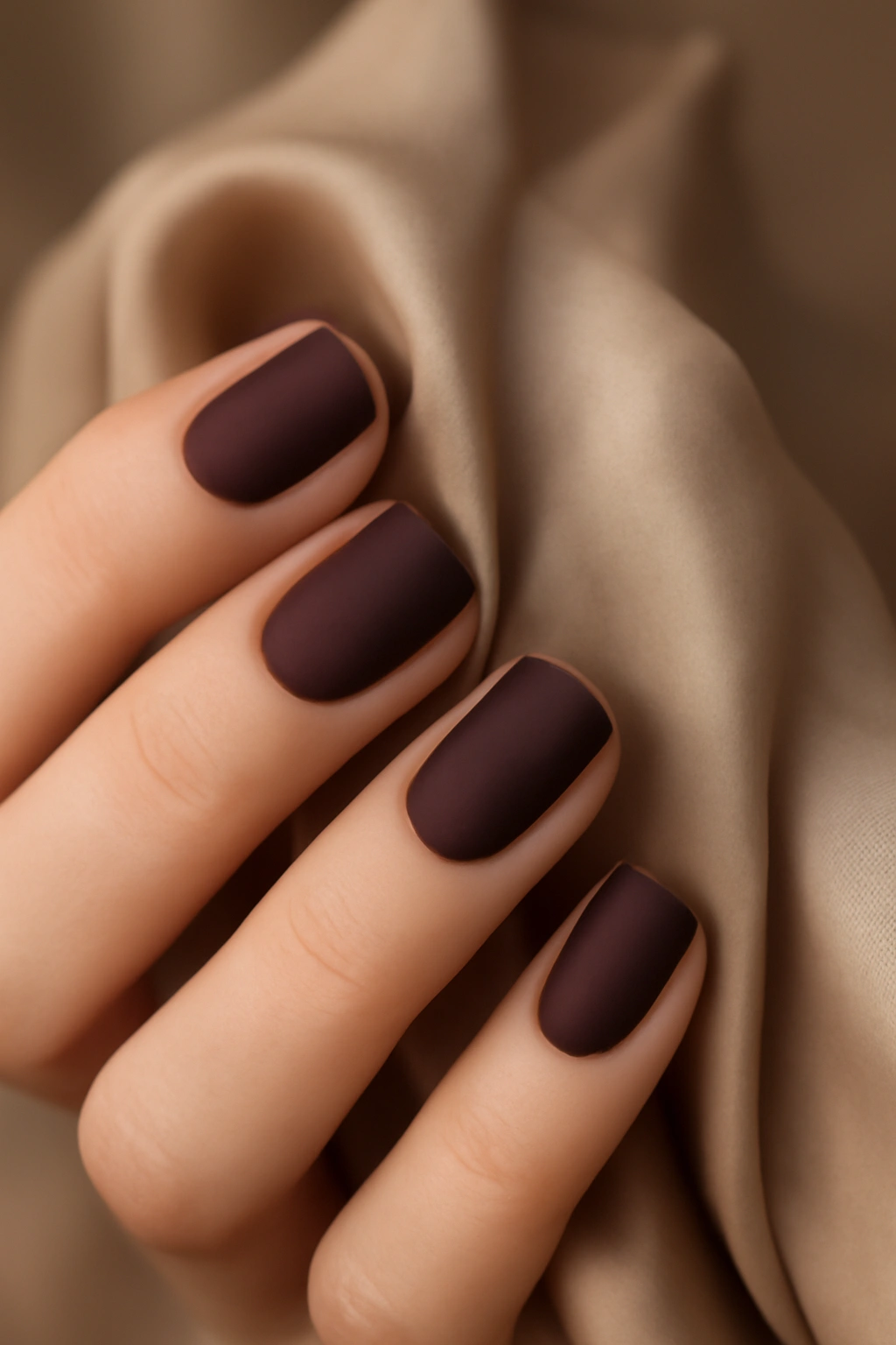 Elegant matte burgundy manicure with a soft velvety non-shiny finish on well-manicured hands.